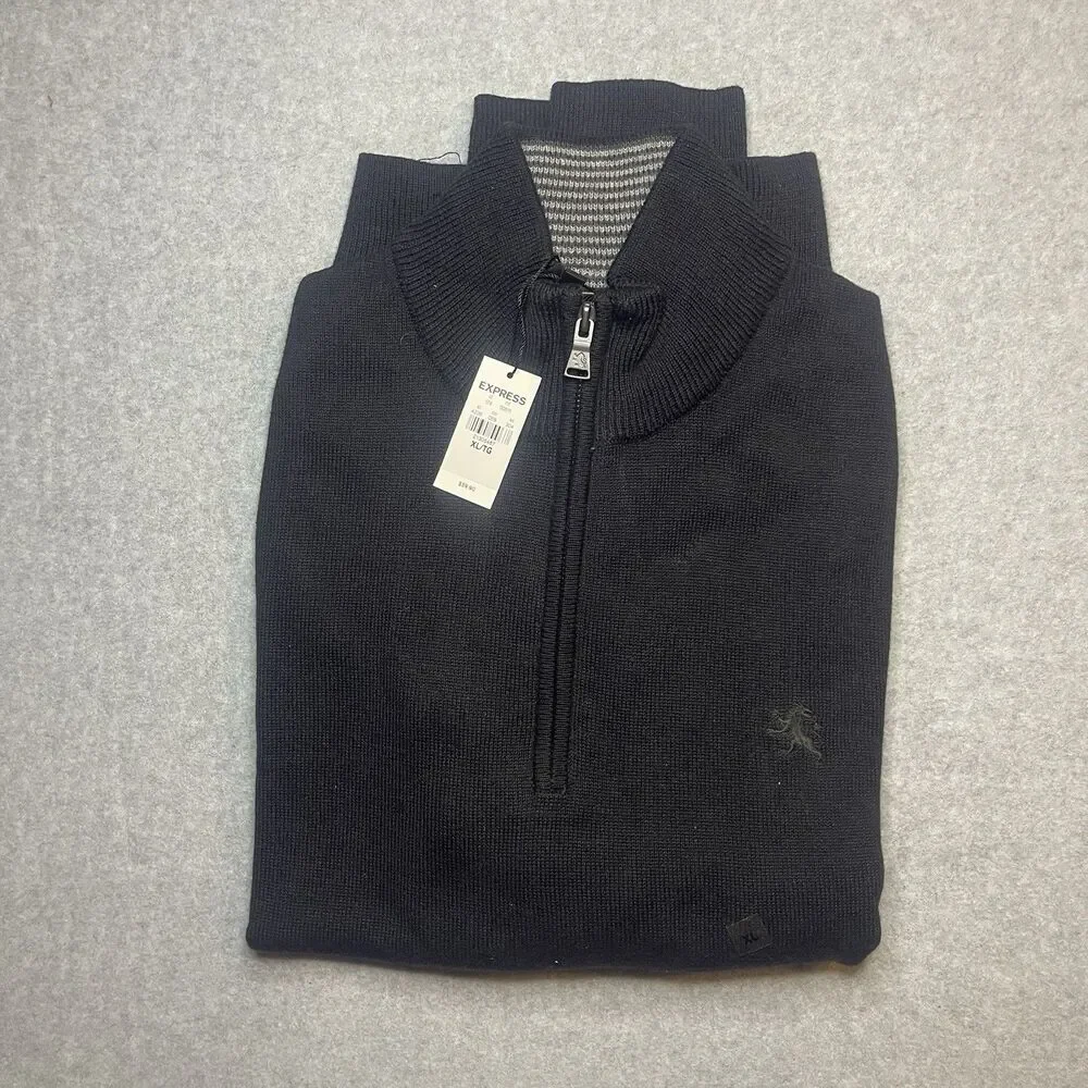 Vintage Express Men's Black Knit 1/4 Zip Mock Neck Pullover Sweater XL